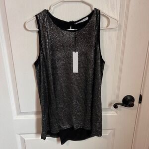 THREE EIGHTY‎ TWO Black Silver Sequin Mesh Sleeveless Tank Top Blouse Top M NWT